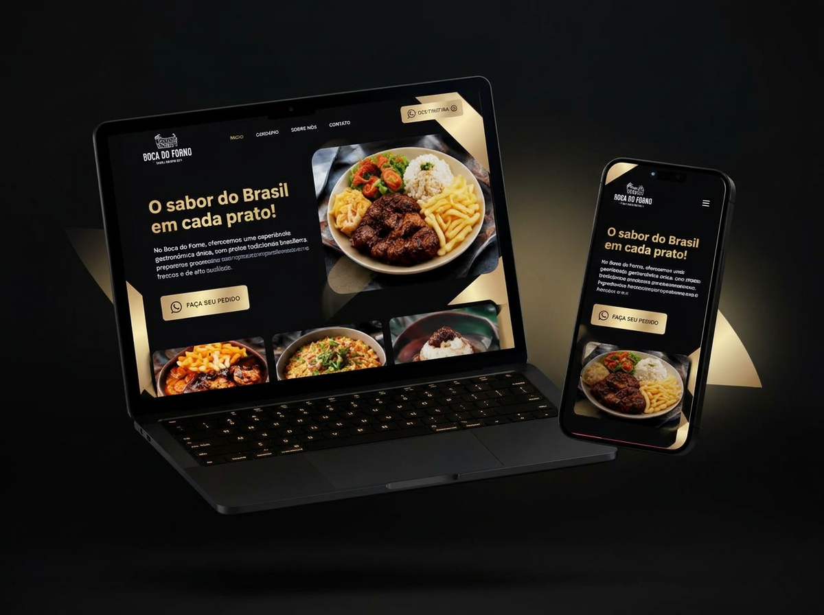 Site de restaurante em notebook e celular criado pela Investimento e Sabedoria